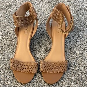 XOXO Laser Cut Ankle Strap Sandals in Camel